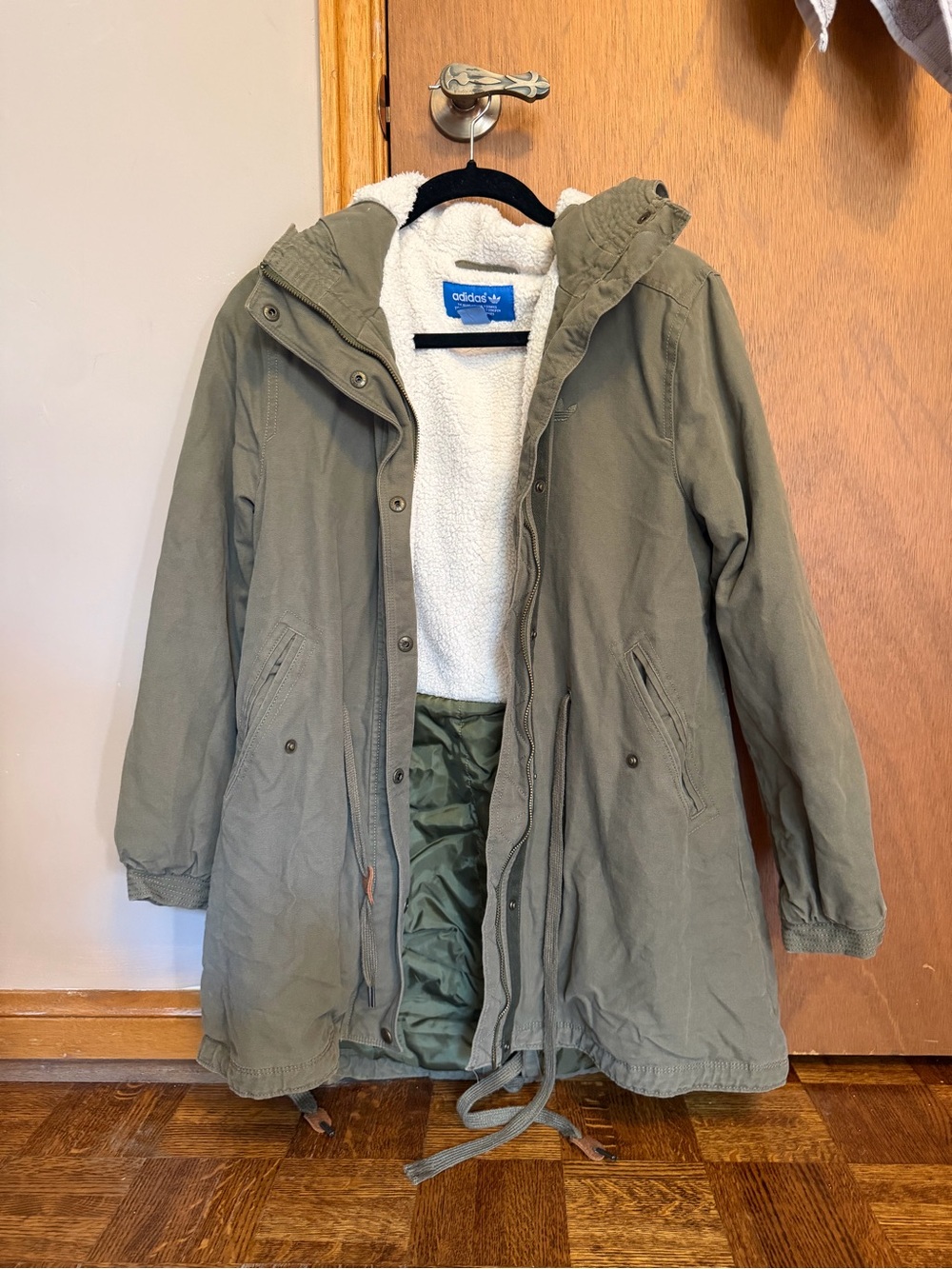 adidas Olive Green Parka Jacket with Sherpa Lining